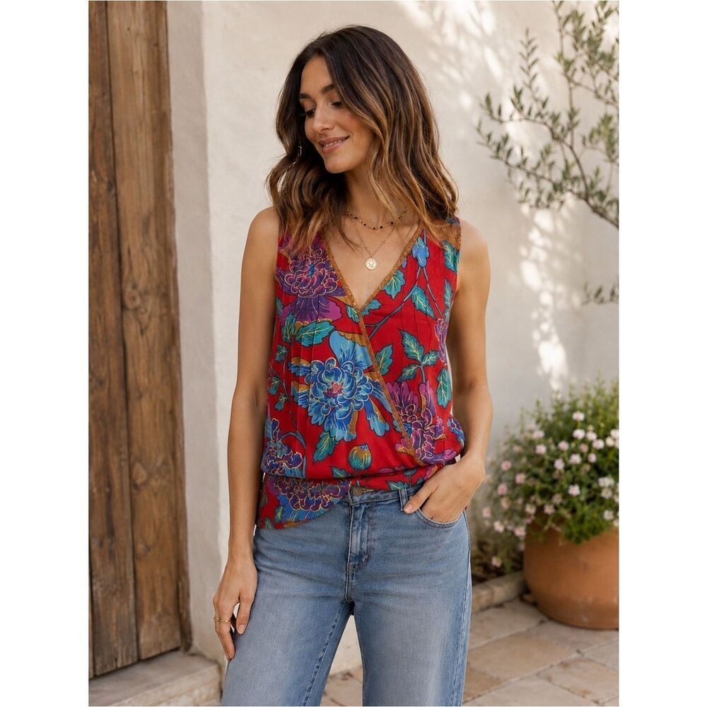 Anthropologie Tiny Red Floral V-Neck Wrap Blouse Boho Chic Aesthetic